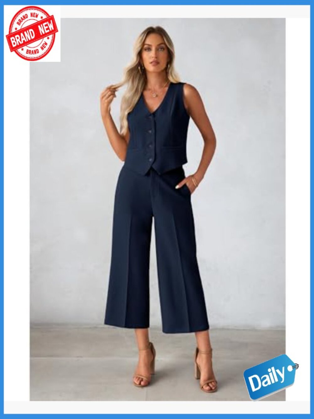 Women's 2 Piece Sleeveless Vest & Wide Leg Capri Pant Suit Set Dressy Casual - Picture 3 of 7